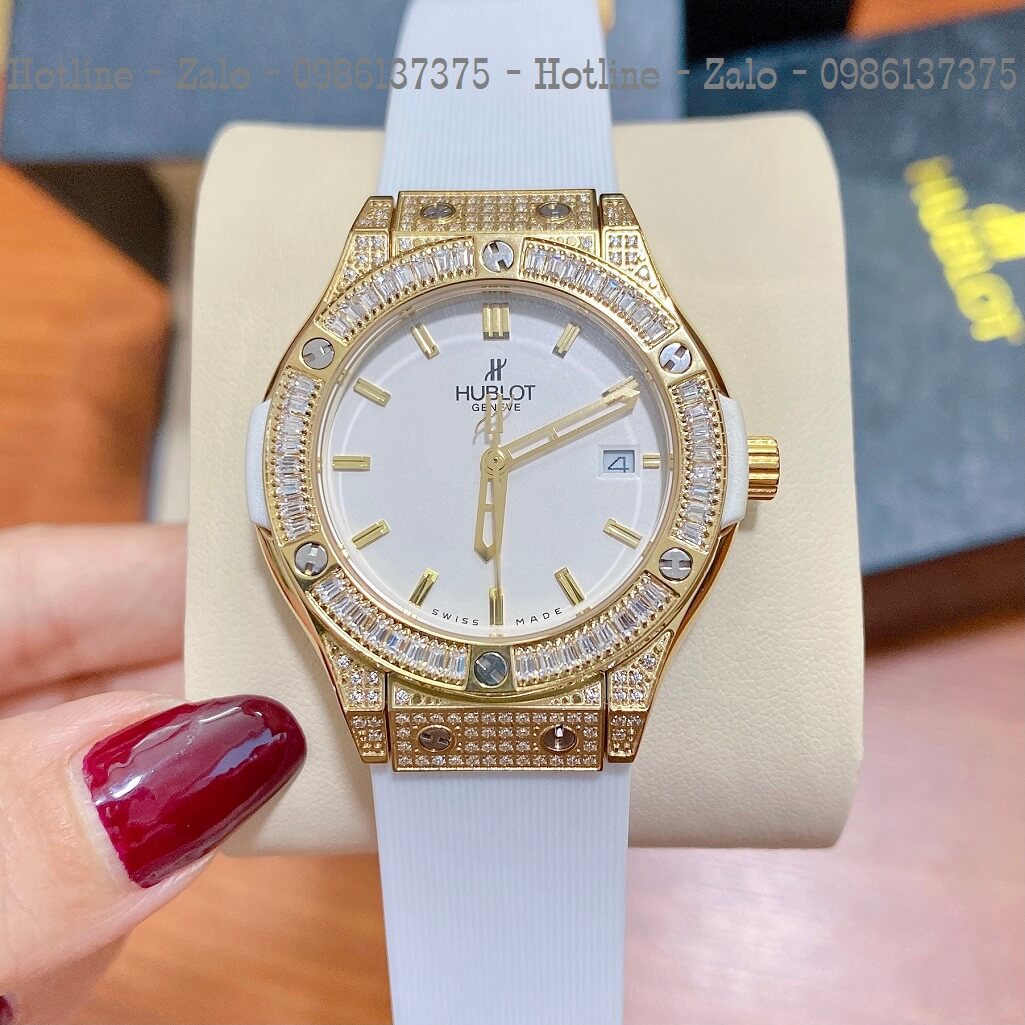 Đồng Hồ Nữ Hublot Đính Đá Silicon Trắng 34mm Gold