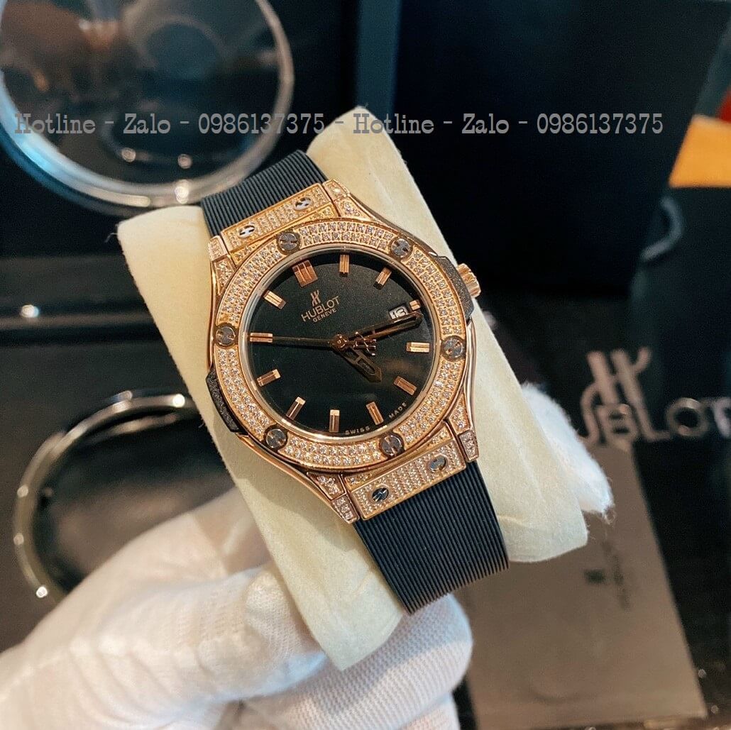 Đồng Hồ Nữ Hublot Đính Đá Silicon Đen 34mm Rose