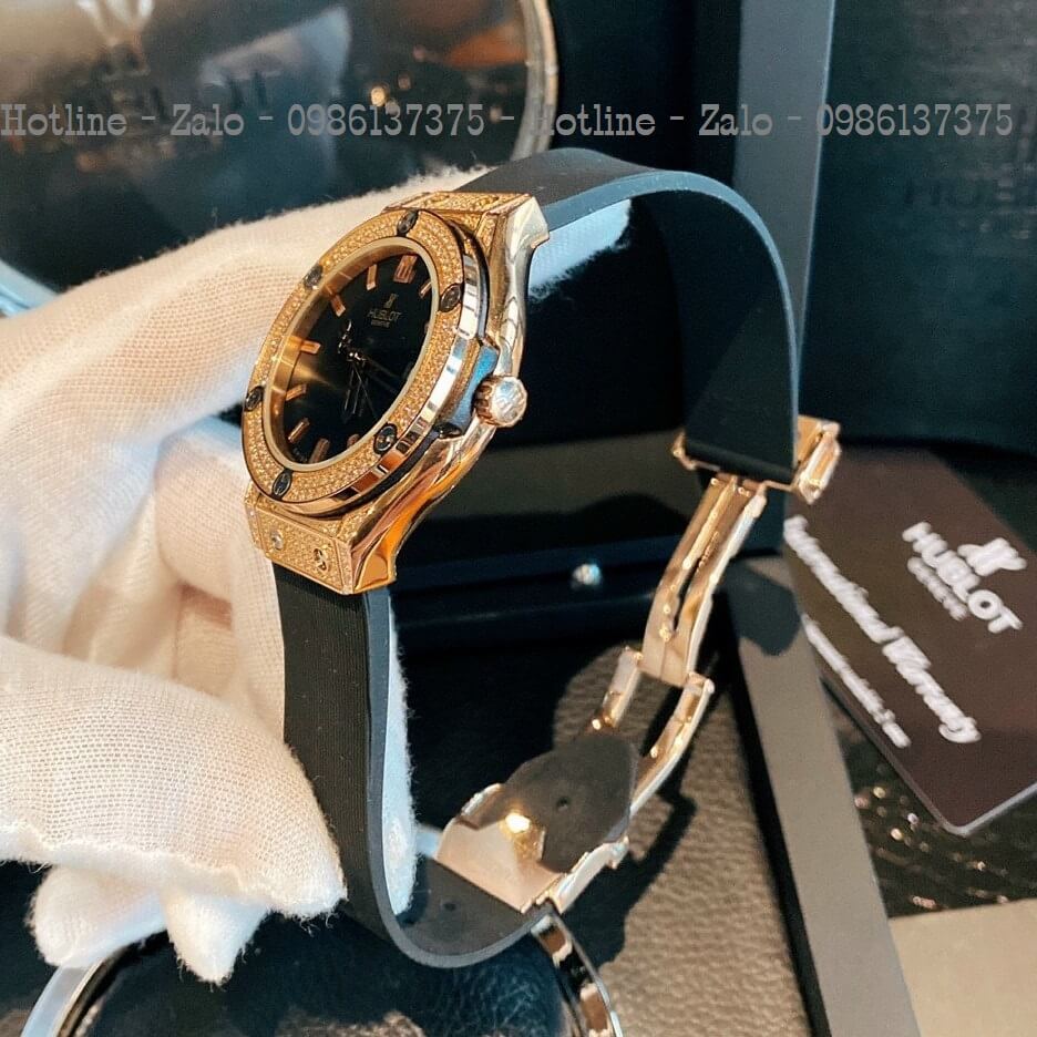 Đồng Hồ Nữ Hublot Đính Đá Silicon Đen 34mm Rose