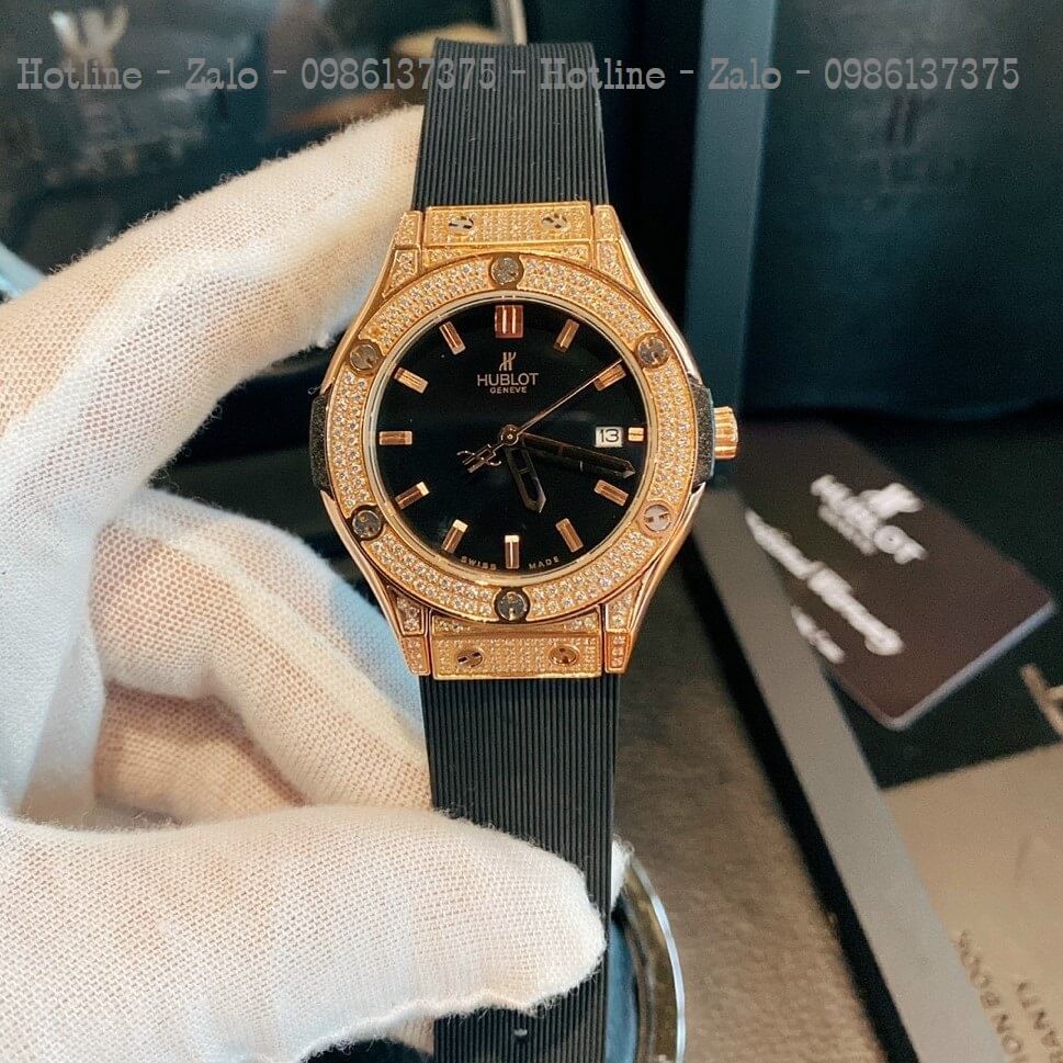 Đồng Hồ Nữ Hublot Đính Đá Silicon Đen 34mm Rose