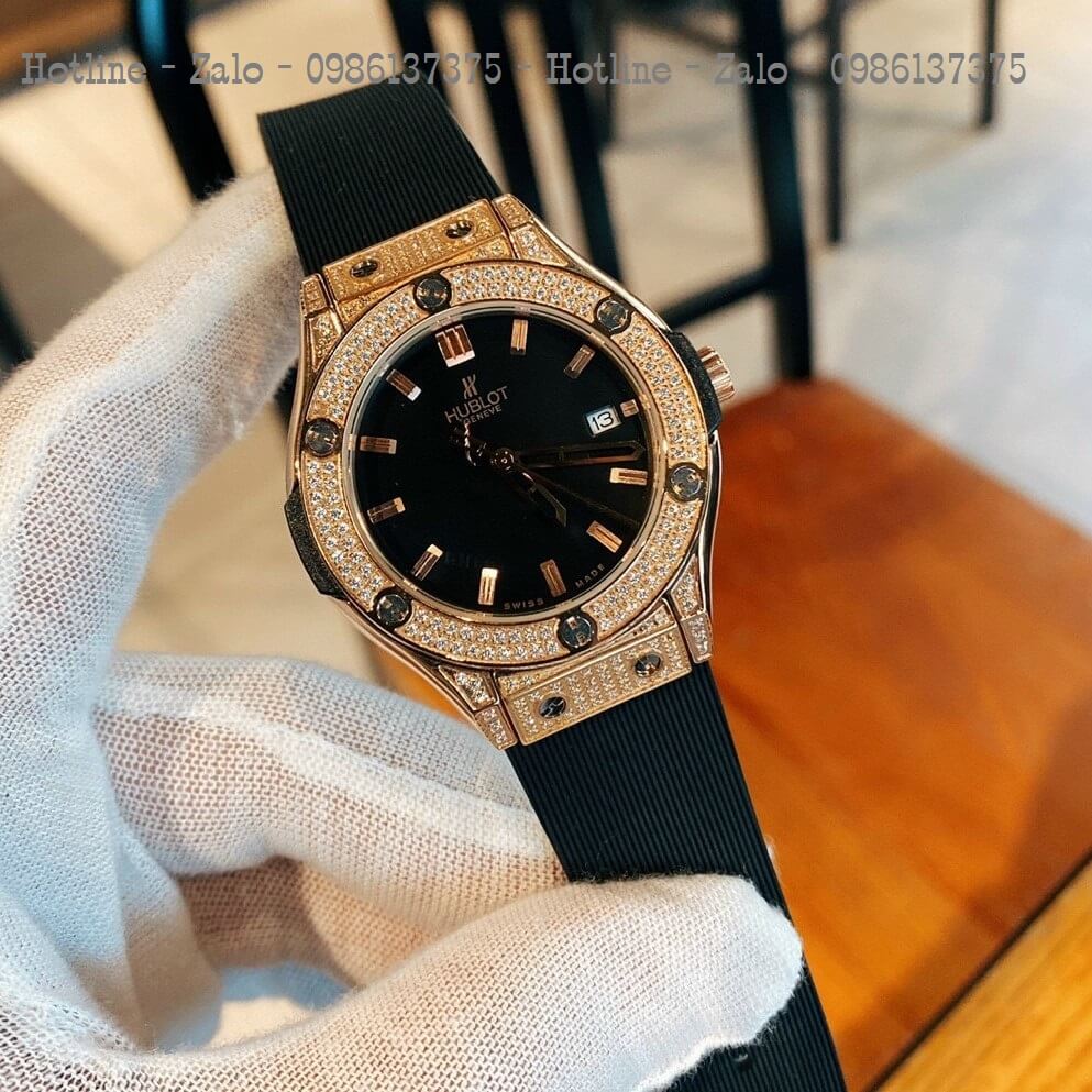 Đồng Hồ Nữ Hublot Đính Đá Silicon Đen 34mm Rose