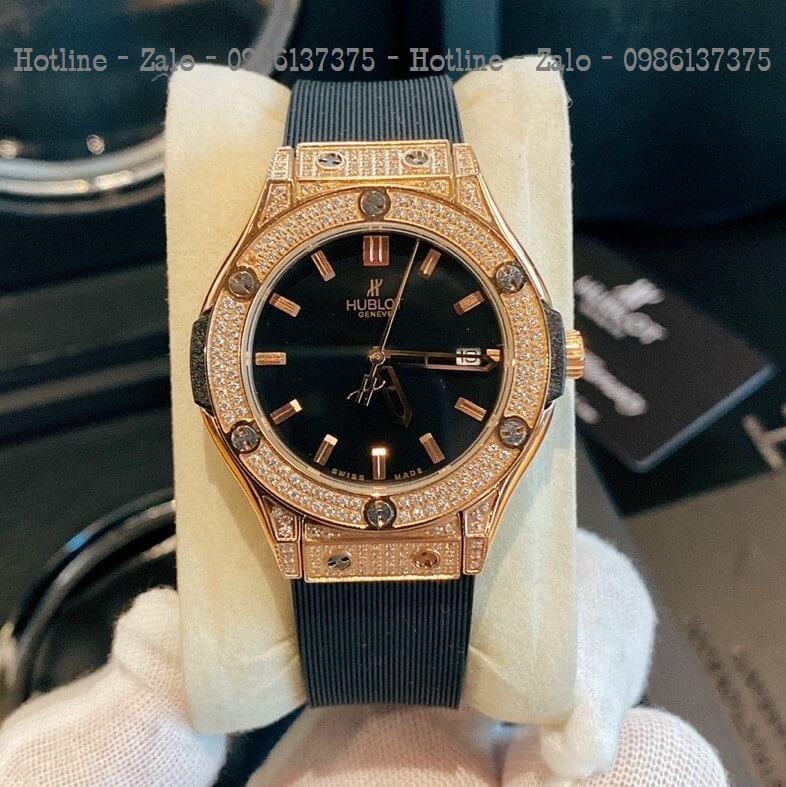 Đồng Hồ Nữ Hublot Đính Đá Silicon Đen 34mm Rose