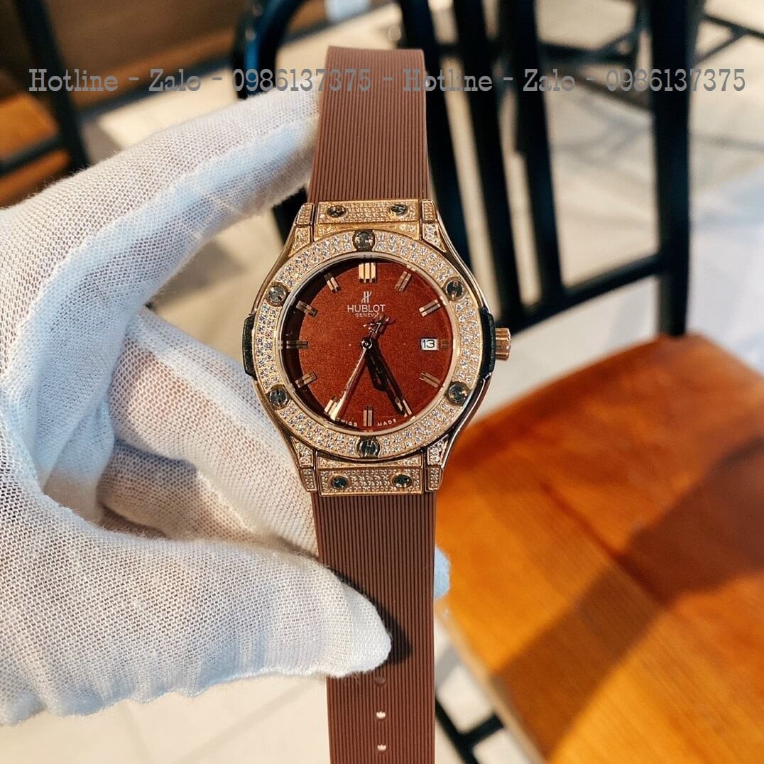 Đồng Hồ Nữ Hublot Đính Đá Silicon Nâu Mặt Nâu Rose 34mm