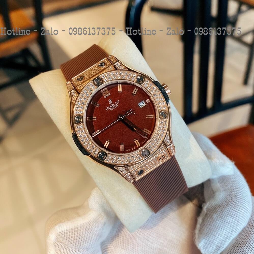 Đồng Hồ Nữ Hublot Đính Đá Silicon Nâu Mặt Nâu Rose 34mm