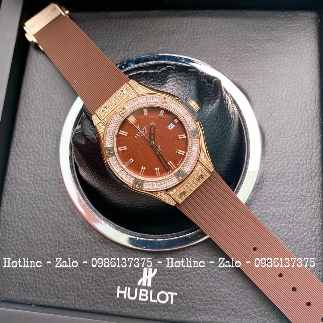 Đồng Hồ Nữ Hublot Đính Đá Silicon Nâu Mặt Nâu Rose 34mm