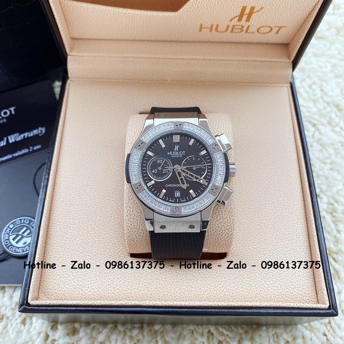 Đồng Hồ Nữ Hublot 5 Kim Dây Silicon Đen Đính Đá Silver 38mm