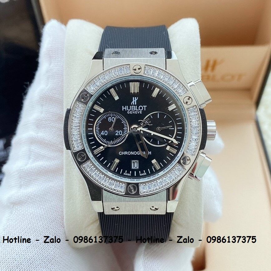 Đồng Hồ Nữ Hublot 5 Kim Dây Silicon Đen Đính Đá Silver 38mm