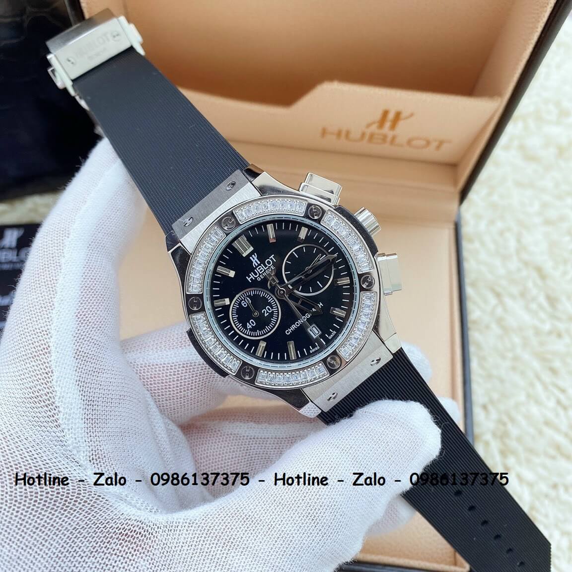 Đồng Hồ Nữ Hublot 5 Kim Dây Silicon Đen Đính Đá Silver 38mm