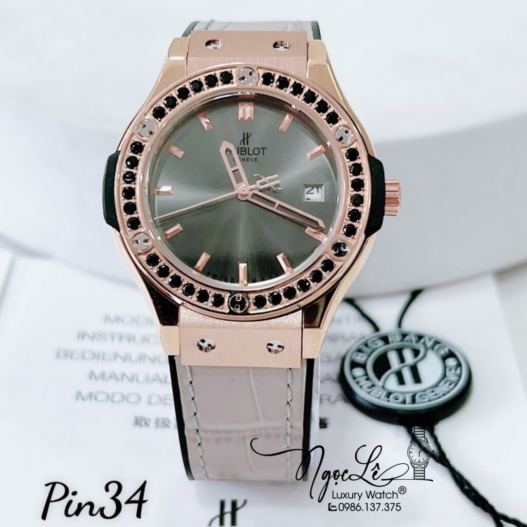 Đồng Hồ Nữ Hublot Classic Fusion Dây Da Silicon Xám Đính Đá Đen Vỏ Rose 34mm