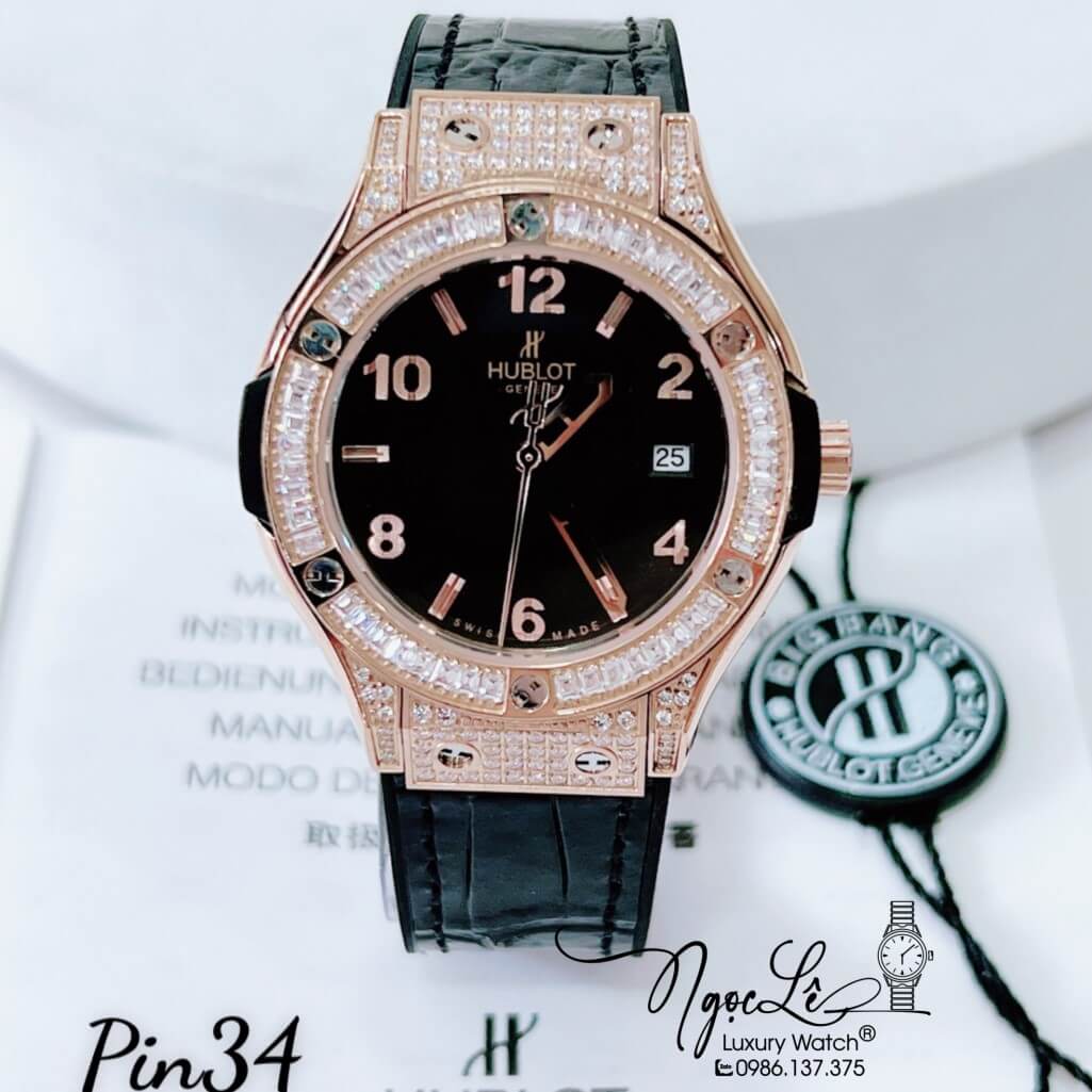 Đồng Hồ Nữ Hublot Classic Fusion Dây Da Silicon Đen Đính Đá Ống Vỏ Rose 34mm