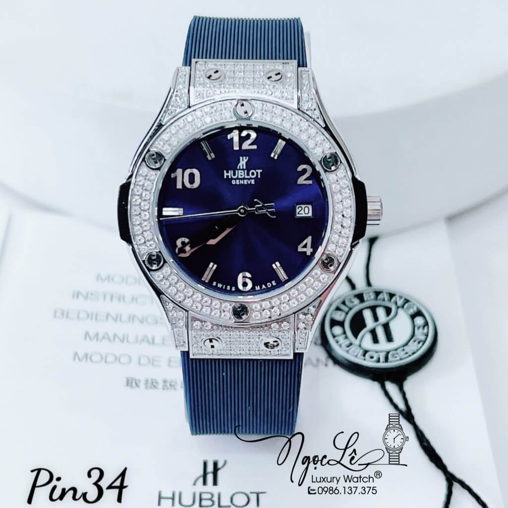 Đồng Hồ Nữ Hublot Classic Fusion Dây Da Silicon Xanh Dương Đính Đá Mịn Silver 34mm