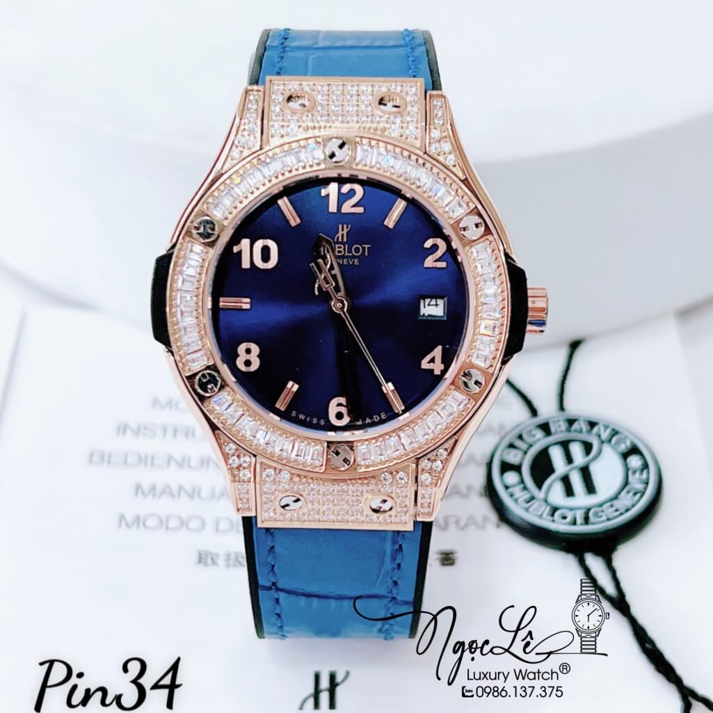 Đồng Hồ Nữ Hublot Classic Fusion Dây Da Silicon Xanh Dương Đính Đá Ống Vỏ Rose 34mm