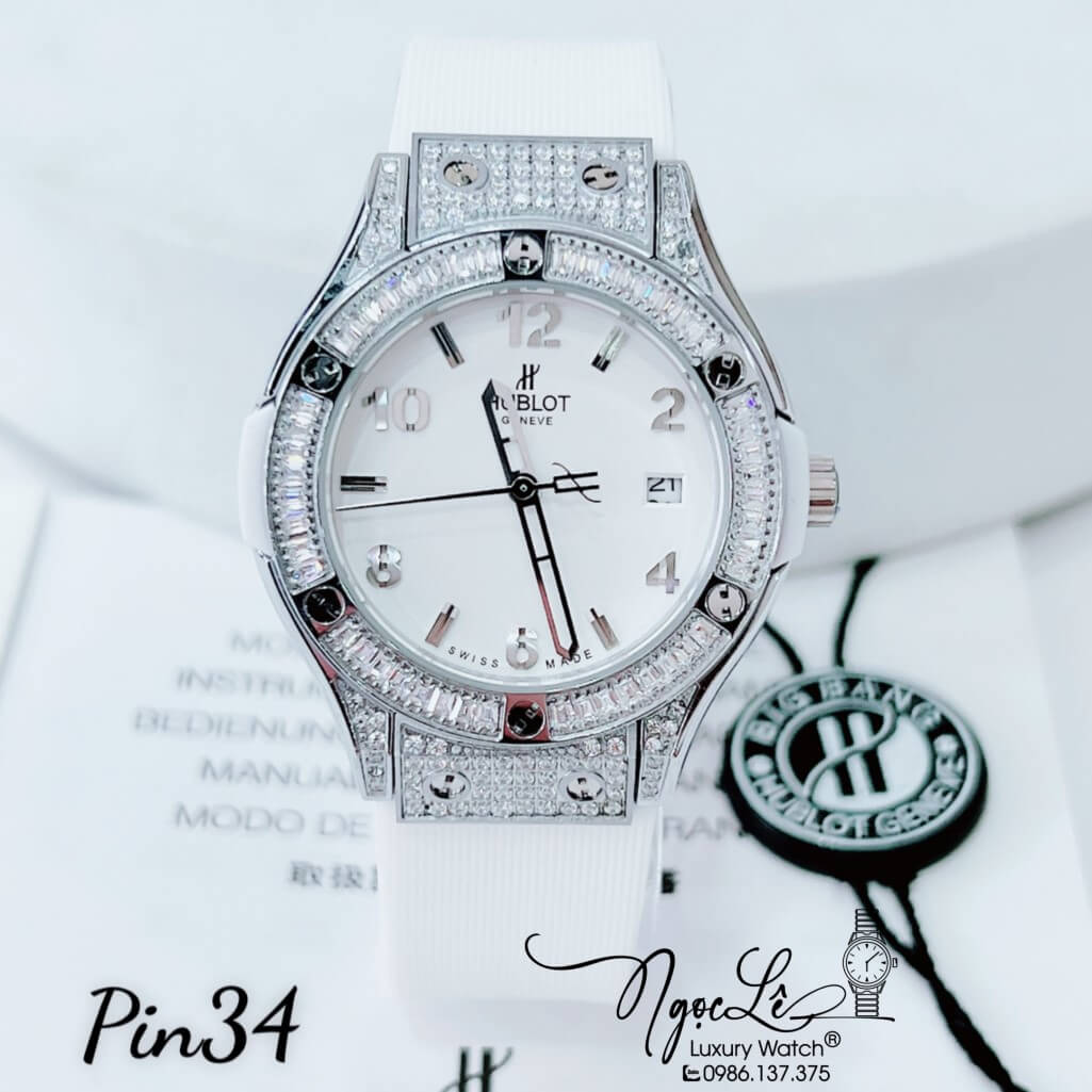 Đồng Hồ Nữ Hublot Classic Fusion Dây Silicon Trắng Đính Đá Ống Vỏ Silver 34mm