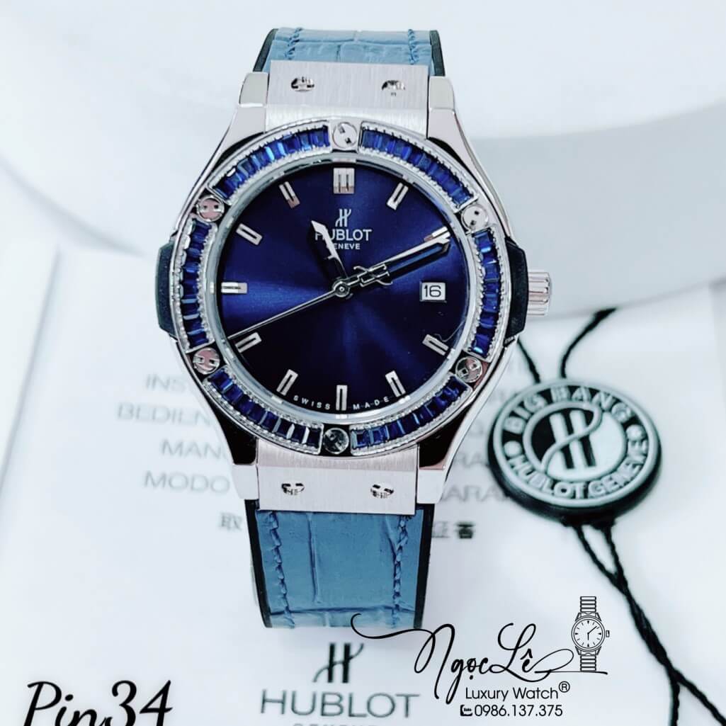 Đồng Hồ Nữ Hublot Classic Fusion Dây Da Silicon Xanh Dương Đính Đá Xanh Vỏ Silver 34mm