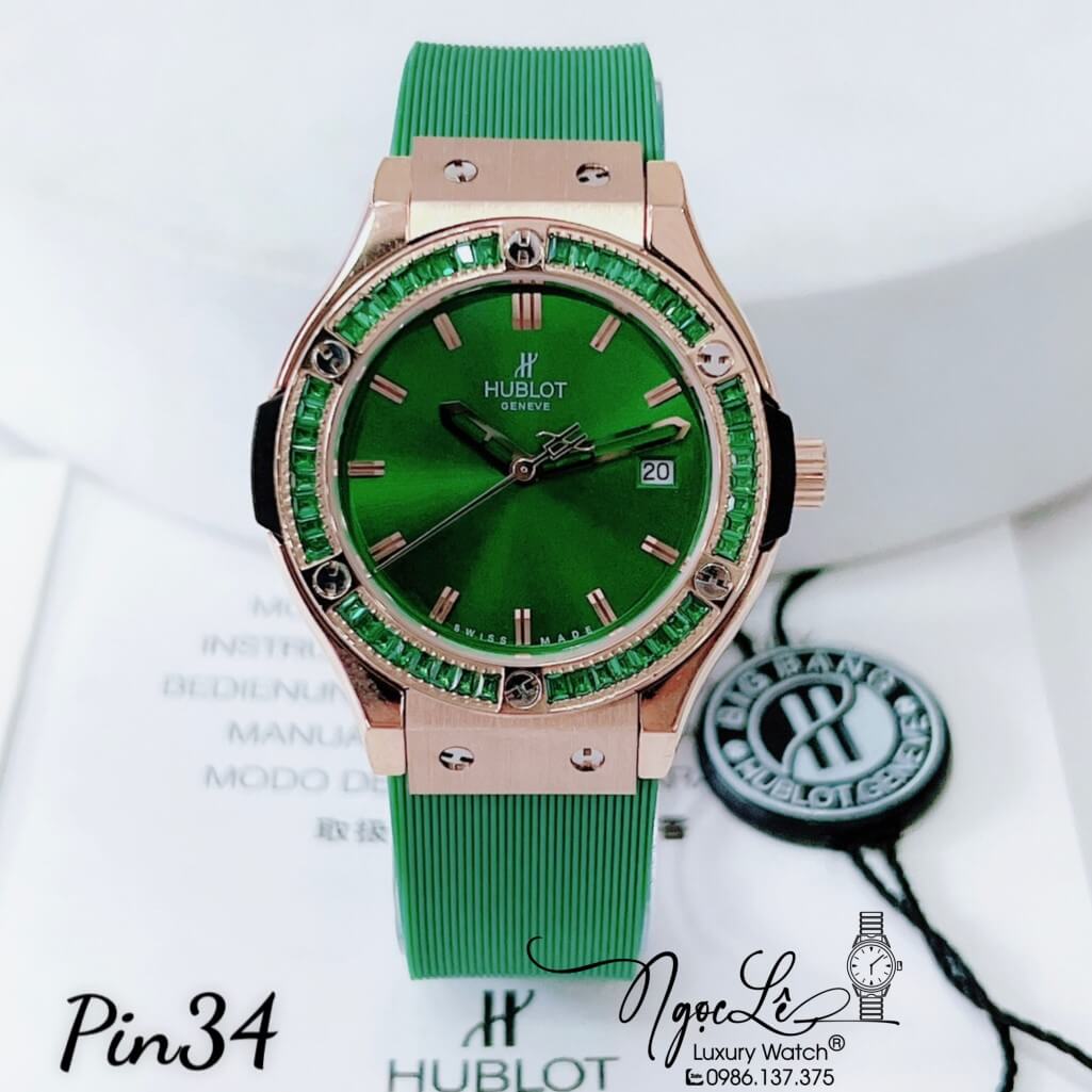 Đồng Hồ Nữ Hublot Classic Fusion Dây Silicon Xanh Đính Đá Xanh Vỏ Rose 34mm