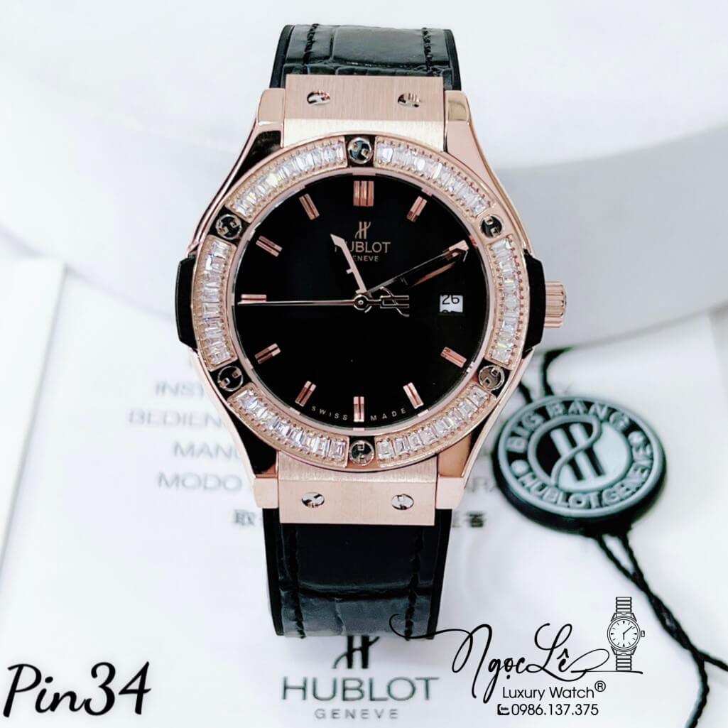 Đồng Hồ Nữ Hublot Classic Fusion Dây Da Silicon Đen Đính Đá Ống Vỏ Rose 34mm