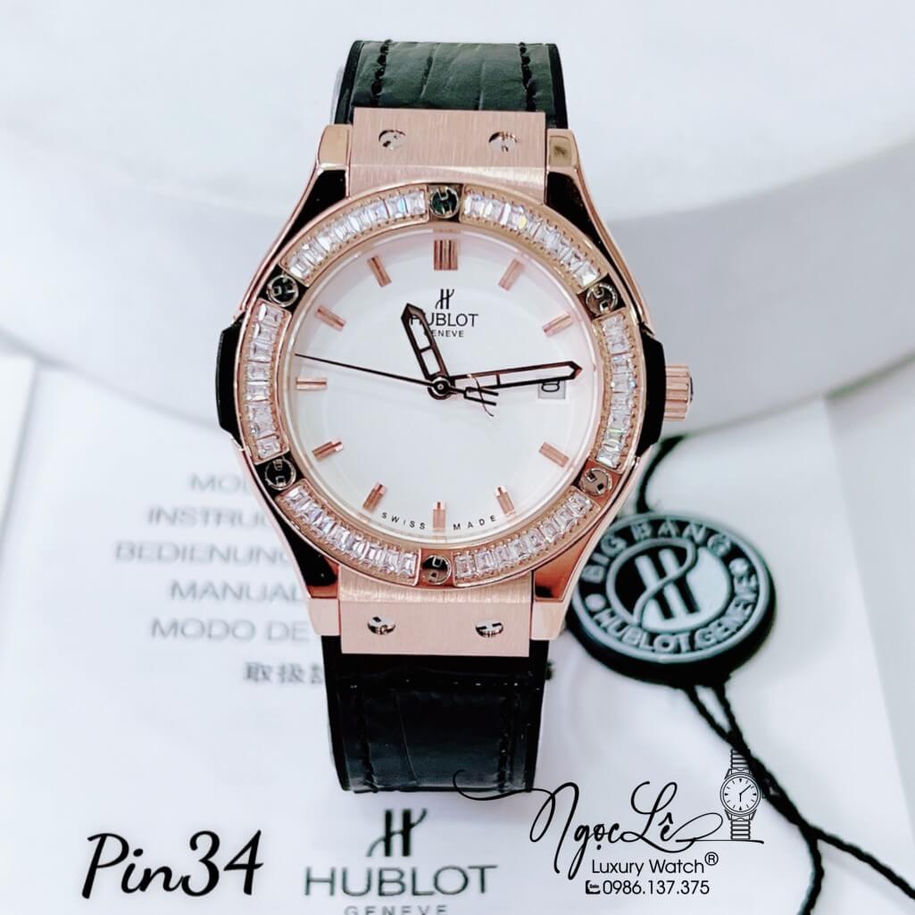 Đồng Hồ Nữ Hublot Classic Fusion Dây Da Silicon Đen Đính Đá Ống Vỏ Rose 34mm