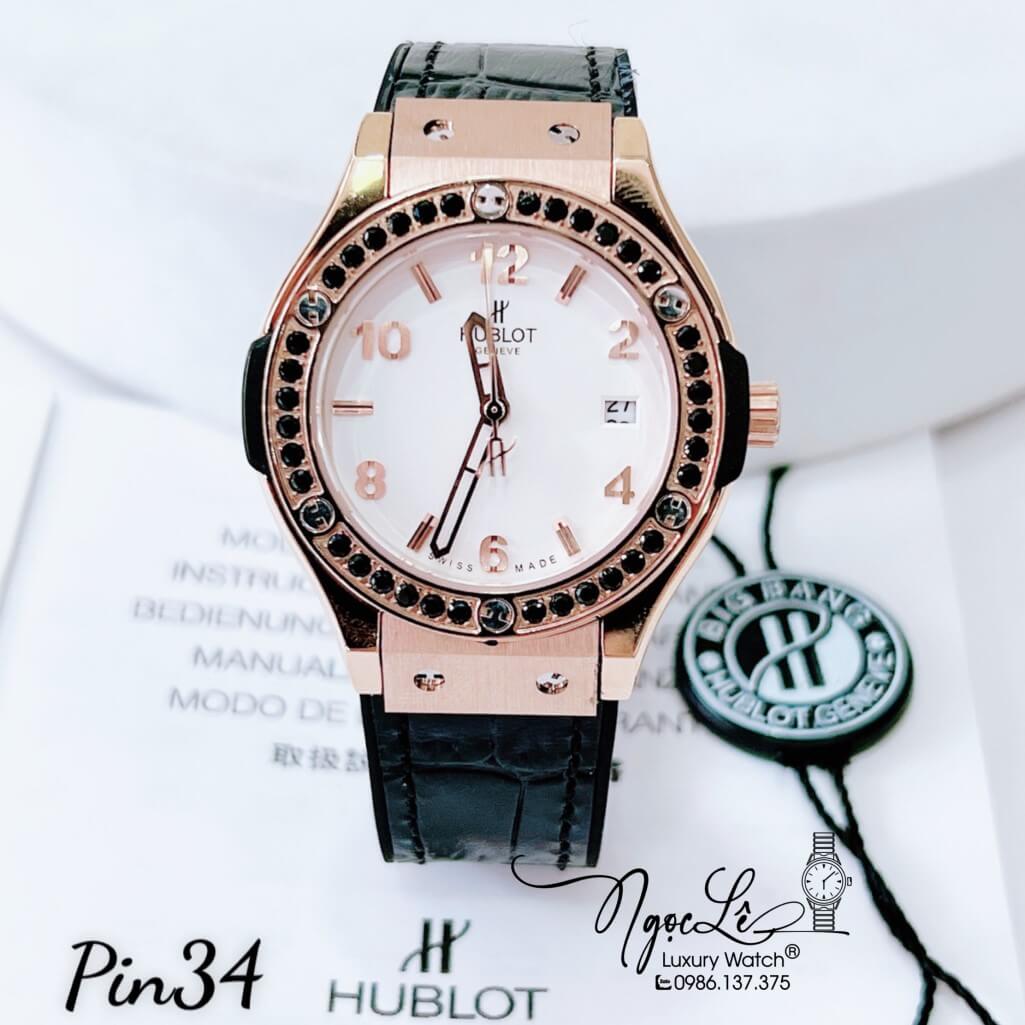 Đồng Hồ Nữ Hublot Classic Fusion Dây Da Silicon Đen Đính Đá Đen Vỏ Rose 34mm