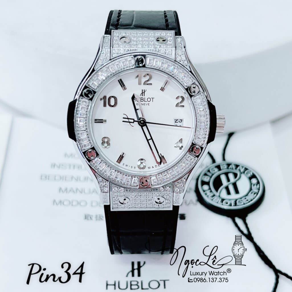 Đồng Hồ Nữ Hublot Classic Fusion Dây Da Silicon Đen Mặt Trắng Đính Đá Ống Vỏ Bạc 34mm