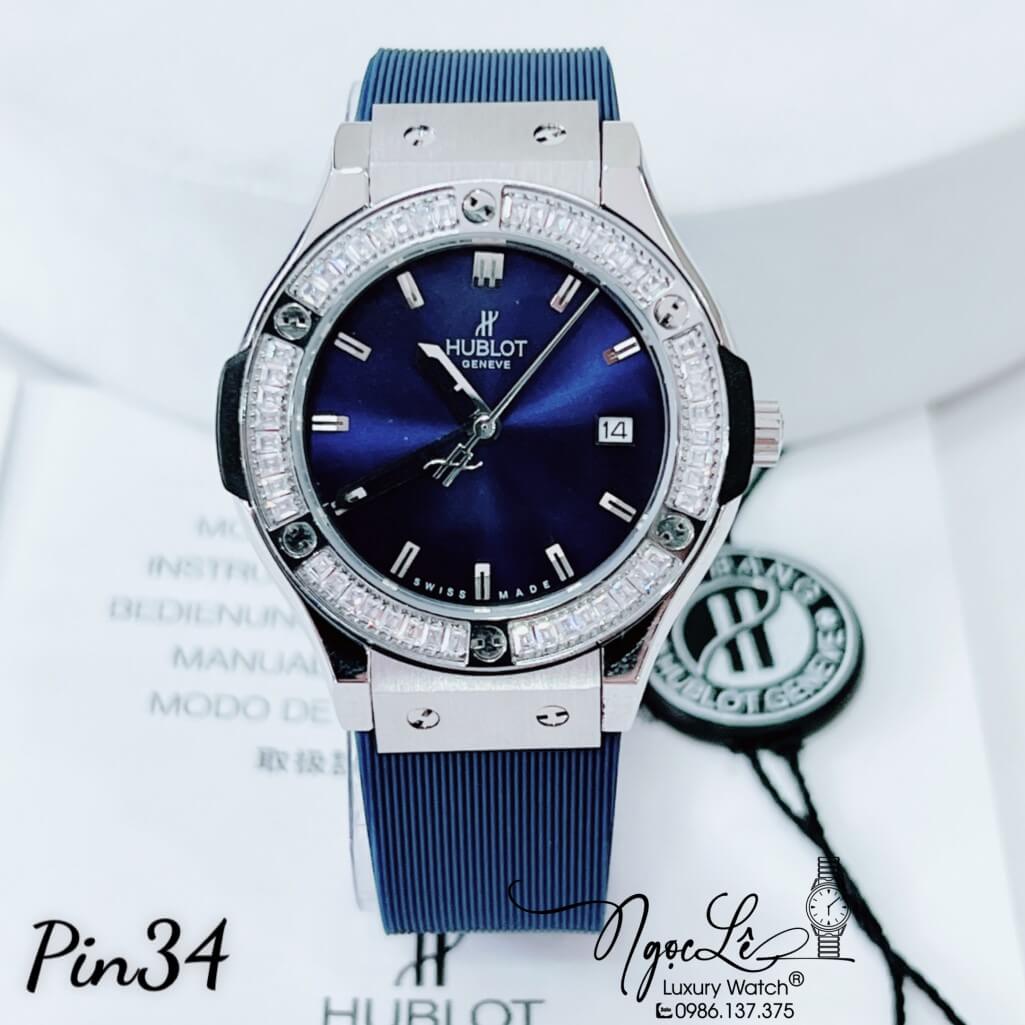 Đồng Hồ Nữ Hublot Classic Fusion Dây Silicon Xanh Dương Đính Đá Ống Vỏ Silver 34mm