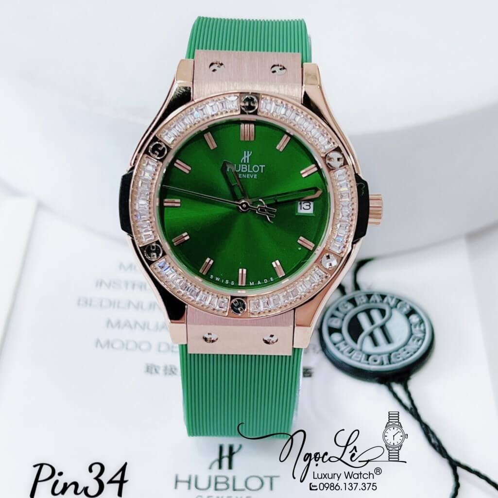 Đồng Hồ Nữ Hublot Classic Fusion Dây Silicon Xanh Đính Đá Ống Vỏ Rose 34mm