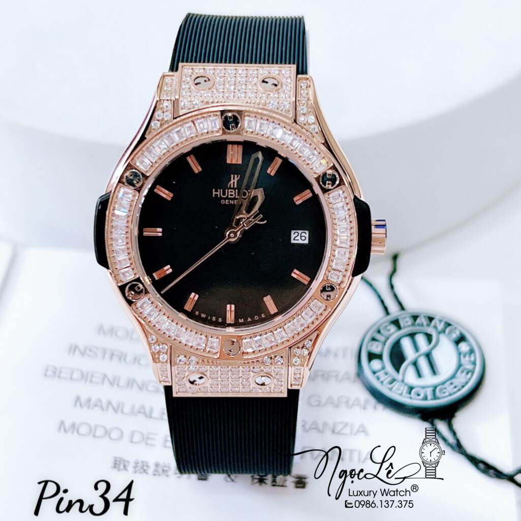 Đồng Hồ Nữ Hublot Classic Fusion Dây Silicon Đen Đính Đá Ống Vỏ Rose 34mm