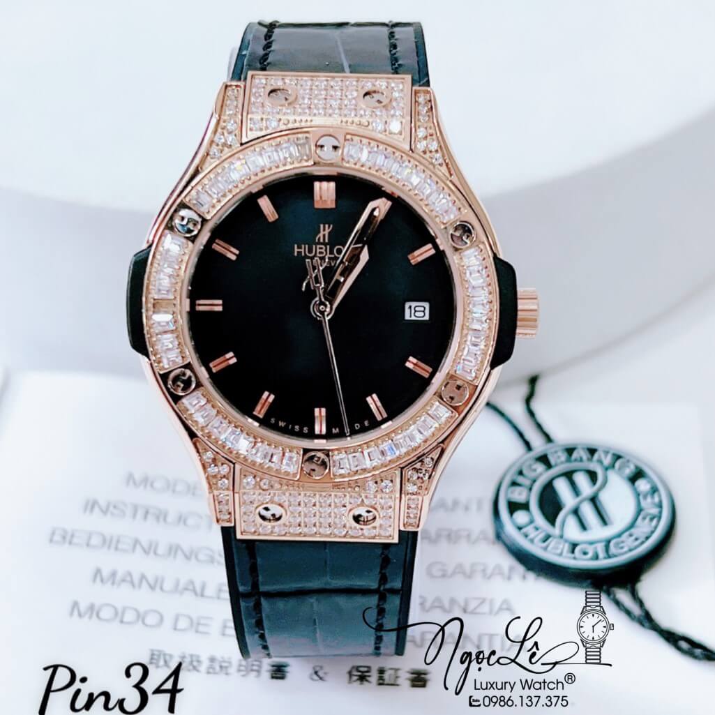 Đồng Hồ Nữ Hublot Classic Fusion Dây Da Silicon Đen Đính Đá Ống Vỏ Rose 34mm