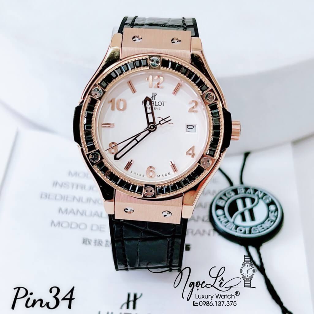 Đồng Hồ Nữ Hublot Classic Fusion Dây Da Silicon Đen Đính Đá Đen Vỏ Rose 34mm