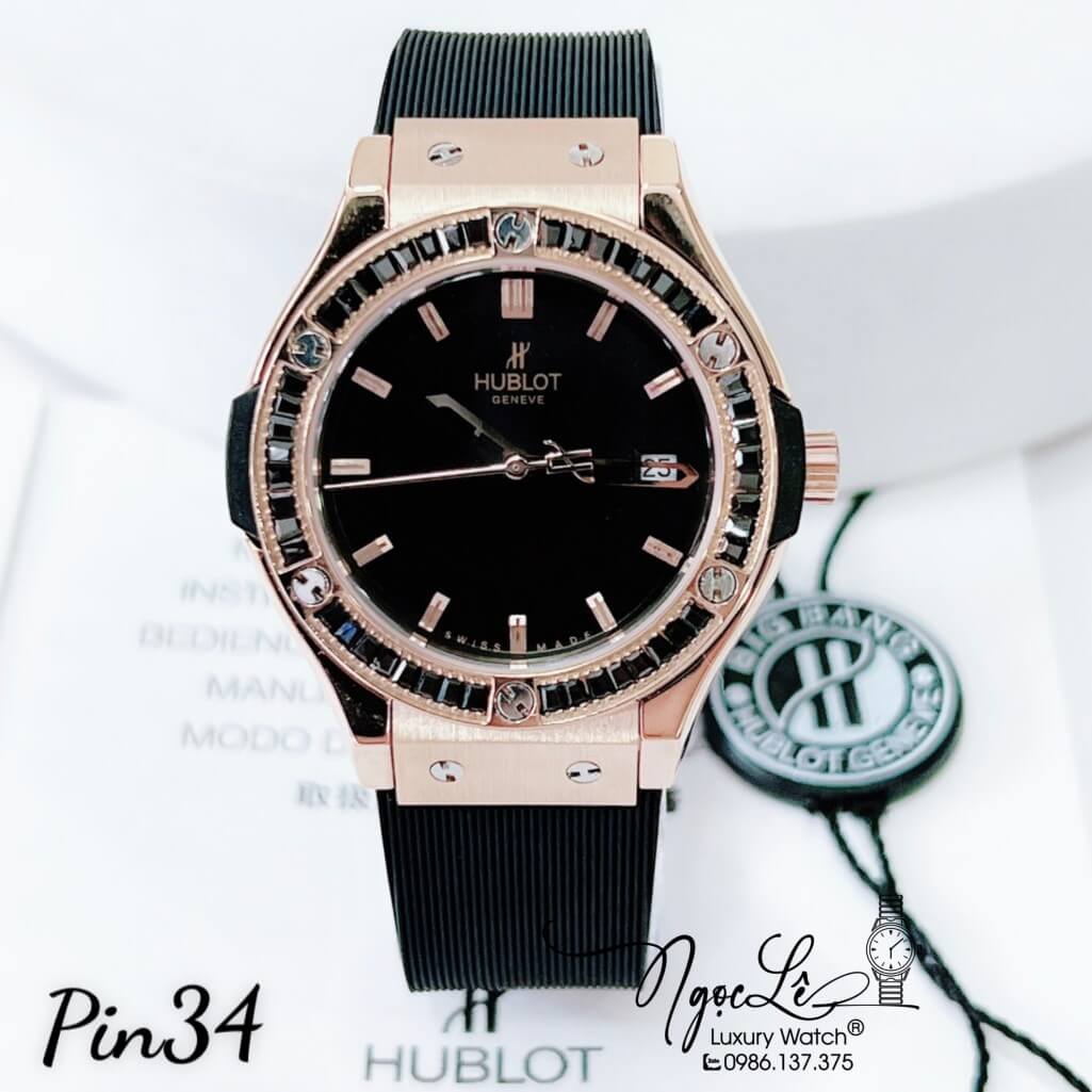 Đồng Hồ Nữ Hublot Classic Fusion Dây Silicon Đen Đính Đá Đen Mặt Đen Vỏ Rose 34mm