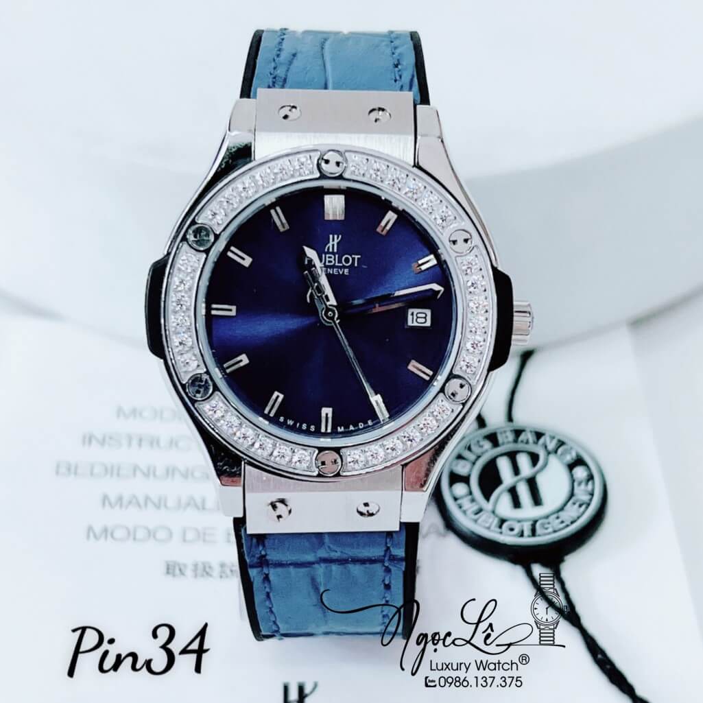 Đồng Hồ Nữ Hublot Classic Fusion Dây Da Silicon Xanh Dương Đính Đá Tròn 34mm