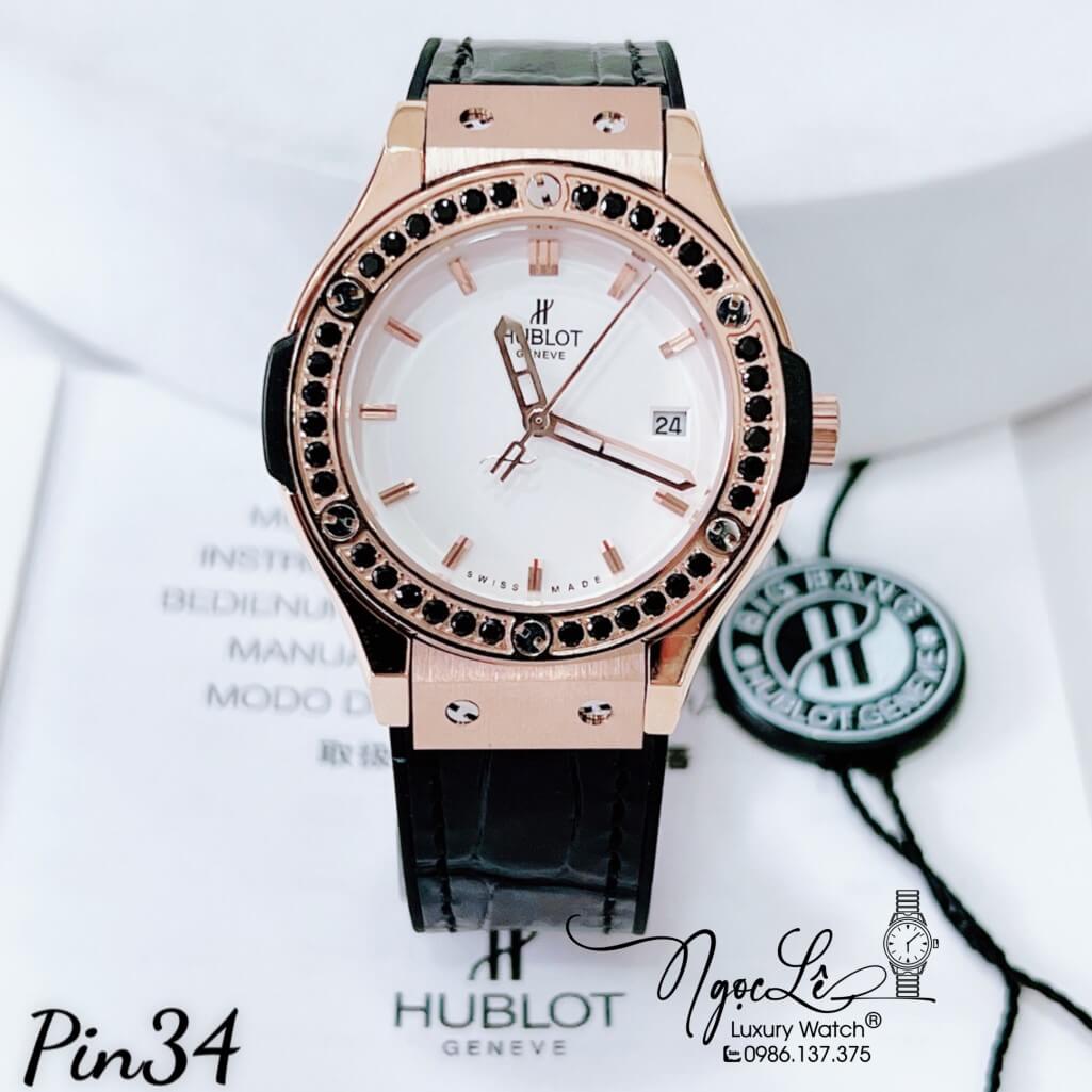 Đồng Hồ Nữ Hublot Classic Fusion Dây Da Silicon Đen Đính Đá Đen Vỏ Rose 34mm