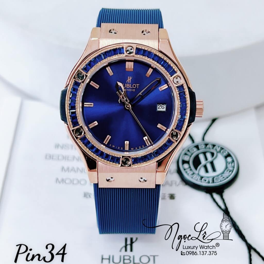 Đồng Hồ Nữ Hublot Classic Fusion Dây Silicon Xanh Dương Đính Đá Xanh 34mm