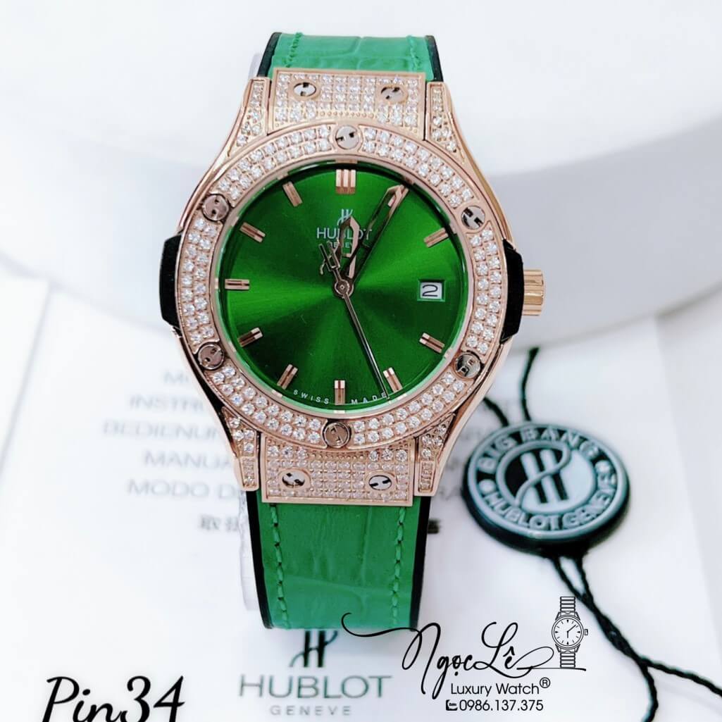 Đồng Hồ Nữ Hublot Classic Fusion Dây Da Silicon Xanh Đính Đá Mịn Vỏ Rose 34mm