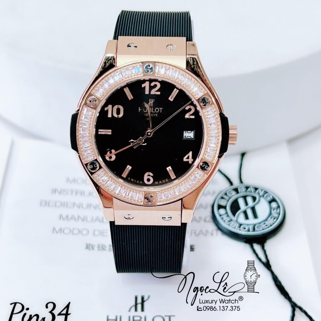 Đồng Hồ Nữ Hublot Classic Fusion Dây Silicon Đen Mặt Đen Đính Đá Ống Vỏ Rose 34mm