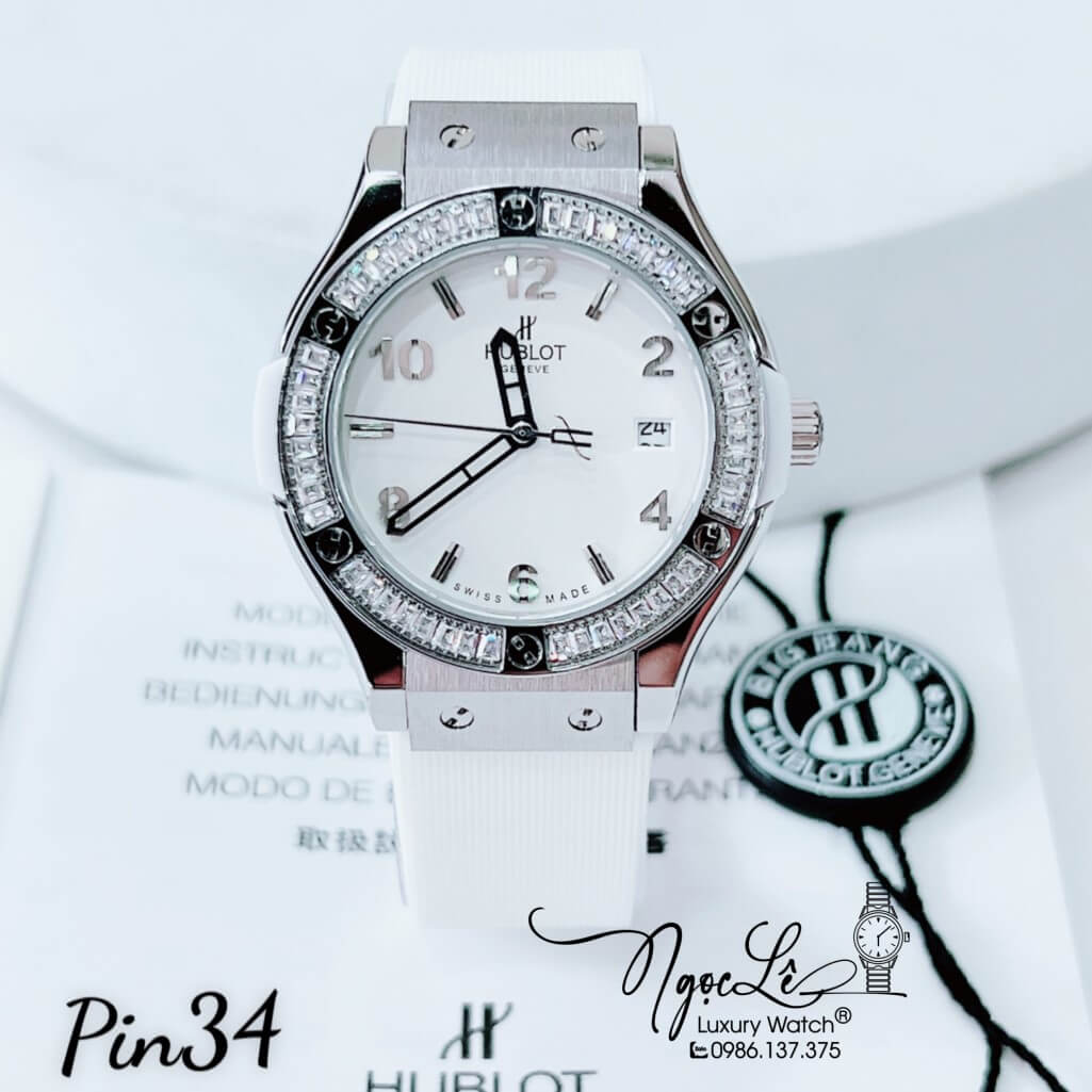 Đồng Hồ Nữ Hublot Classic Fusion Dây Silicon Trắng Đính Đá Ống Vỏ Silver 34mm