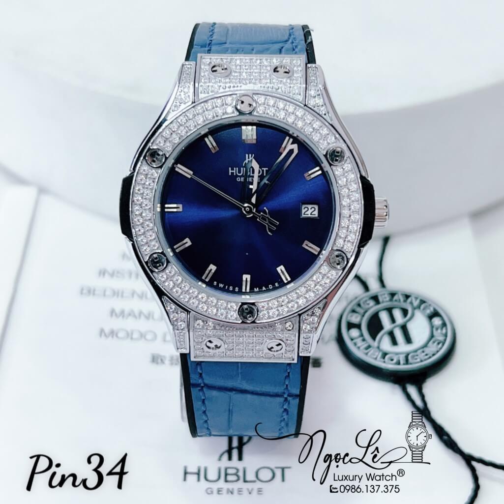 Đồng Hồ Nữ Hublot Classic Fusion Dây Da Silicon Xanh Dương Đính Đá Mịn Vỏ Silver 34mm