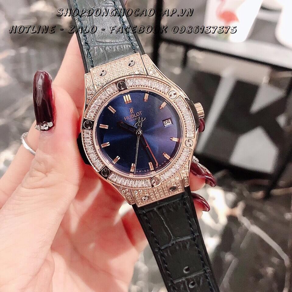 Đồng Hồ Hublot Nữ Dây Da Silicon Mặt Xanh 35mm (Rose Gold)