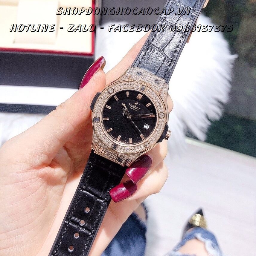 Đồng Hồ Hublot Nữ Dây Da Silicon Đen 35mm (Rose Gold)