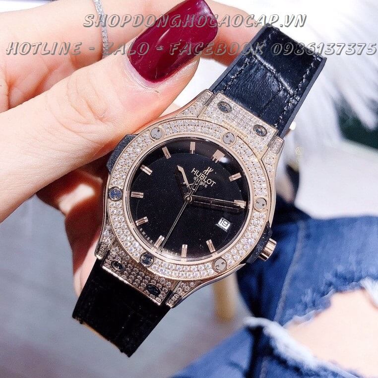 Đồng Hồ Hublot Nữ Dây Da Silicon Đen 35mm (Rose Gold)