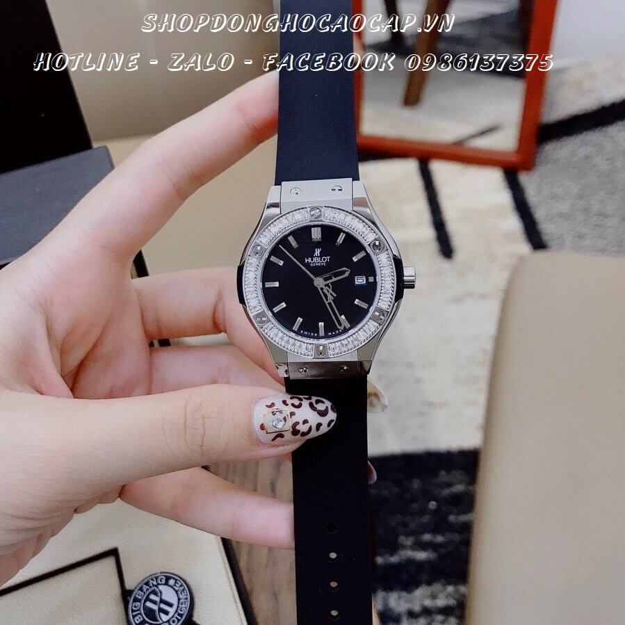 Đồng Hồ Hublot Nữ Dây Da Silicon Đen 35mm (Silver)