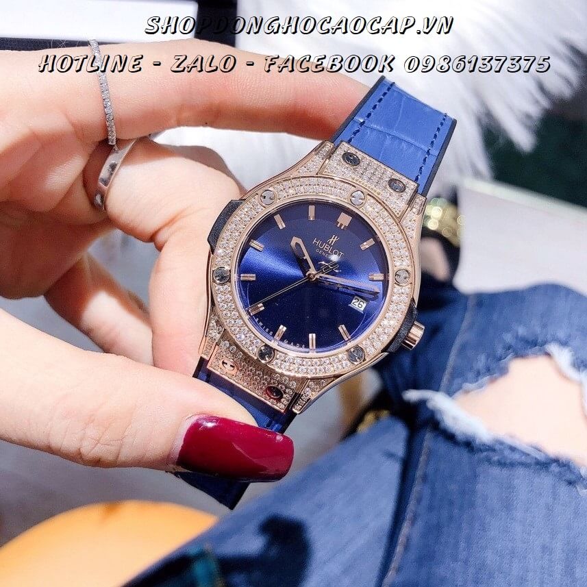 Đồng Hồ Hublot Nữ Dây Da Silicon Xanh 35mm (Rose Gold)