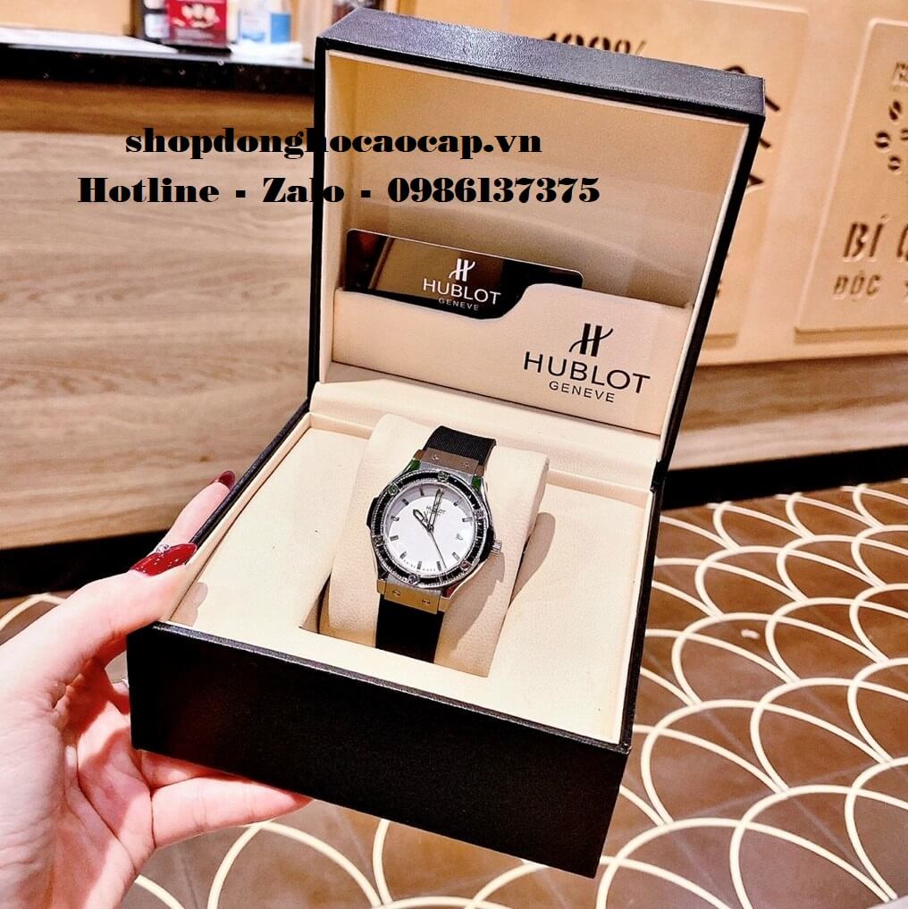 Đồng Hồ Hublot Nữ Cao Cấp Dây Silicon Đen Đính Đá Đen Silver 34mm