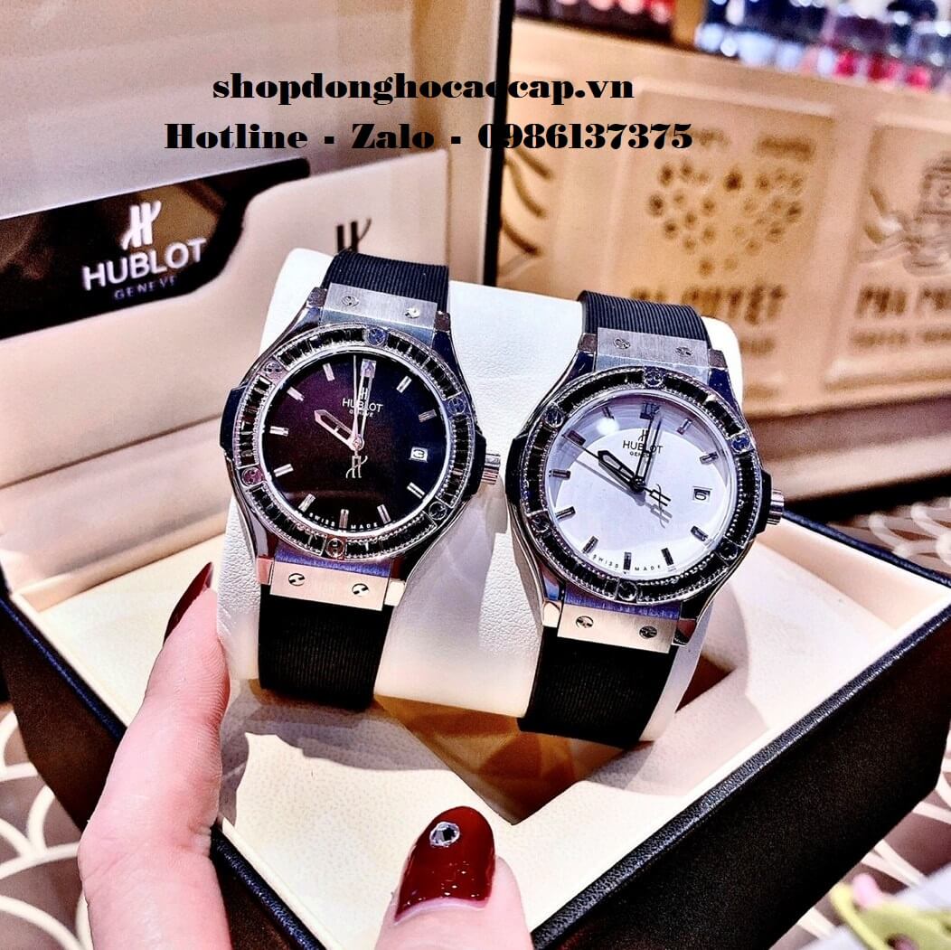 Đồng Hồ Hublot Nữ Cao Cấp Dây Silicon Đen Đính Đá Đen Silver 34mm