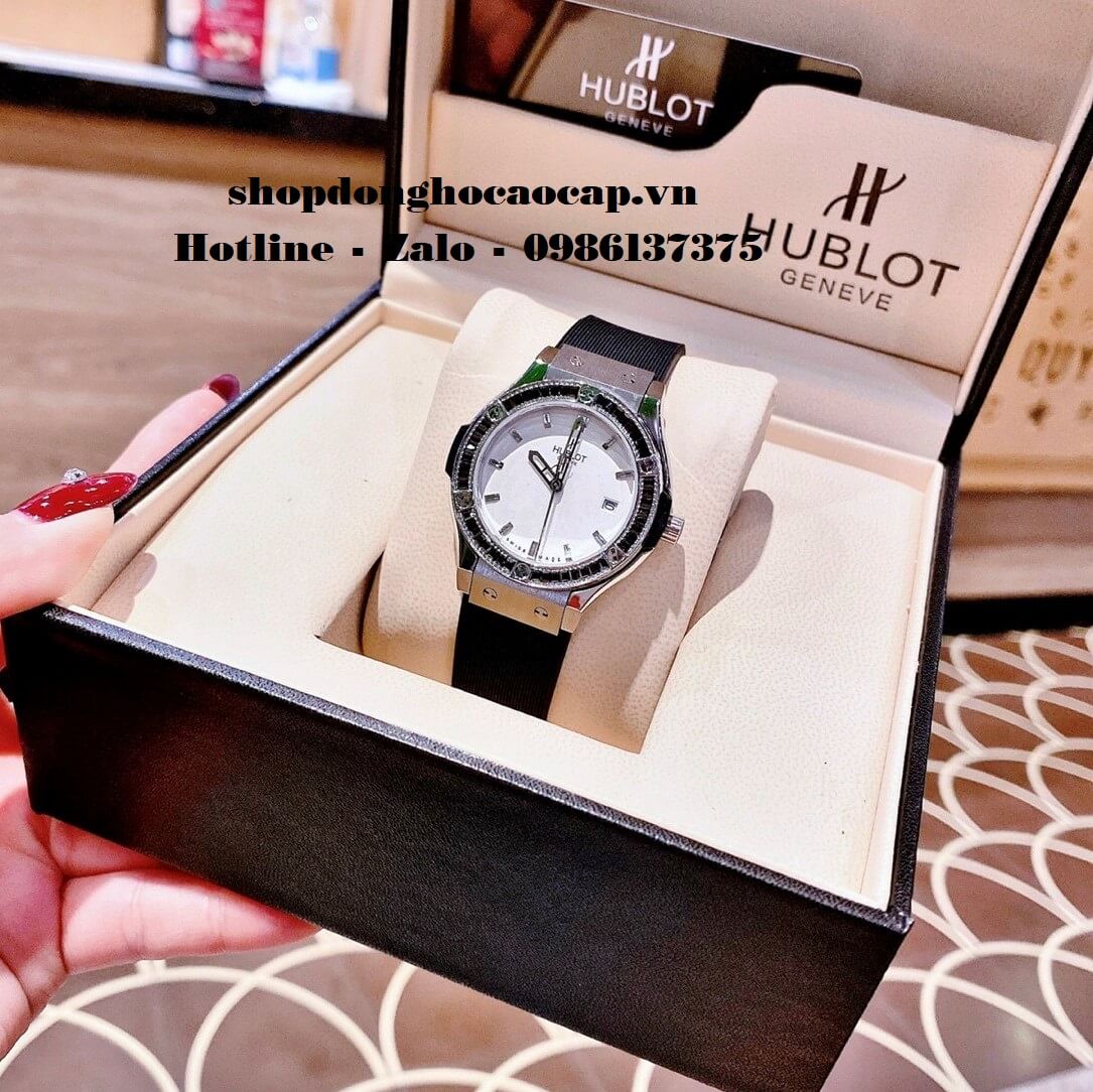 Đồng Hồ Hublot Nữ Cao Cấp Dây Silicon Đen Đính Đá Đen Silver 34mm