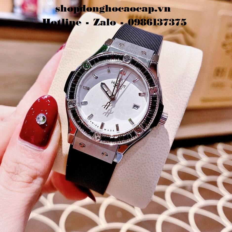 Đồng Hồ Hublot Nữ Cao Cấp Dây Silicon Đen Đính Đá Đen Silver 34mm