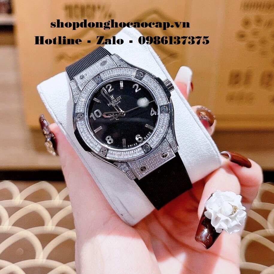 Đồng Hồ Hublot Nữ Cao Cấp Dây Silicon Đen Đính Đá Silver 34mm