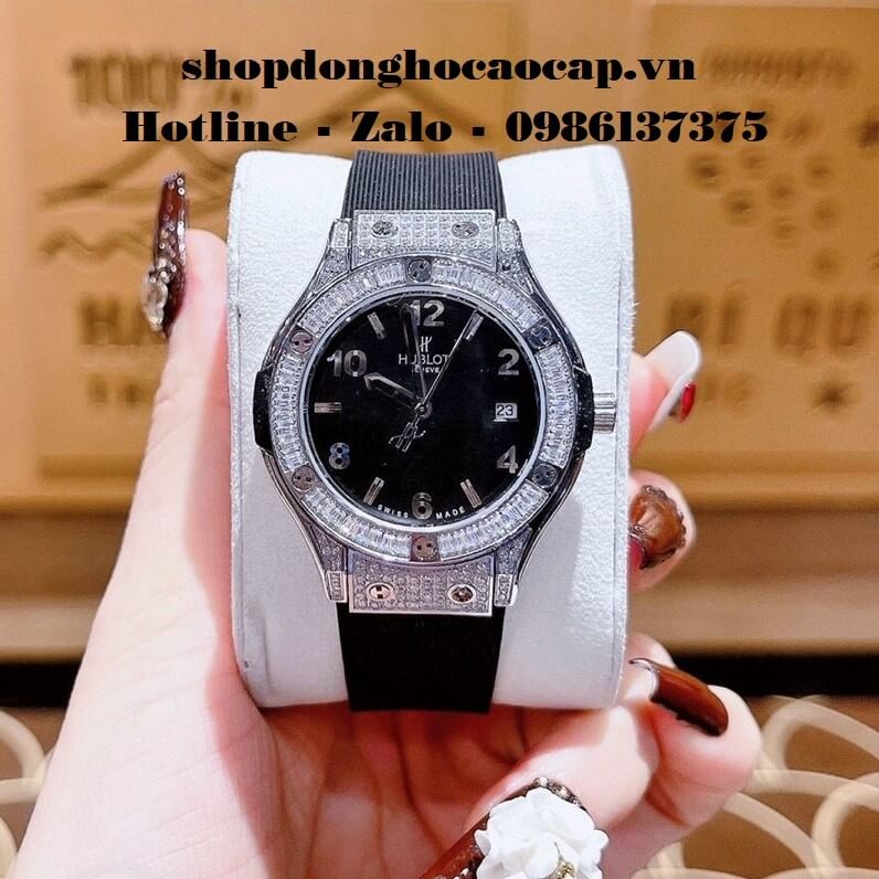Đồng Hồ Hublot Nữ Cao Cấp Dây Silicon Đen Đính Đá Silver 34mm