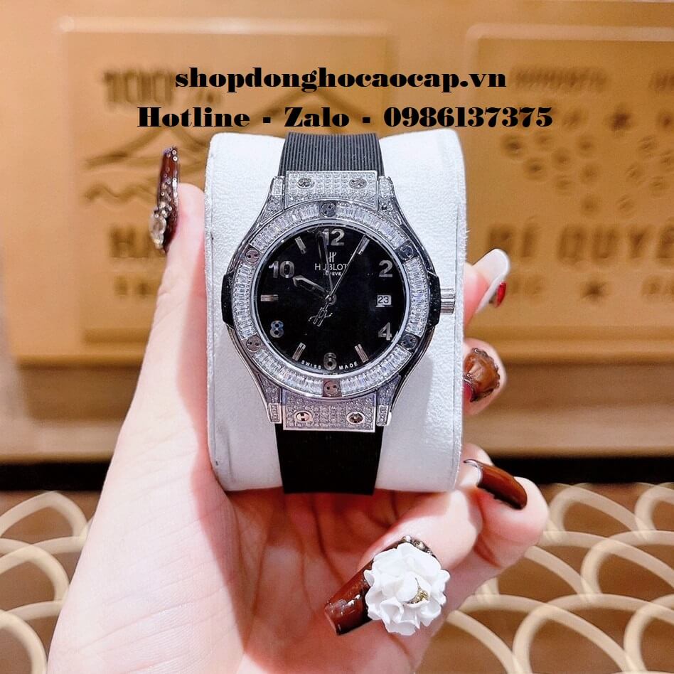 Đồng Hồ Hublot Nữ Cao Cấp Dây Silicon Đen Đính Đá Rose 34mm