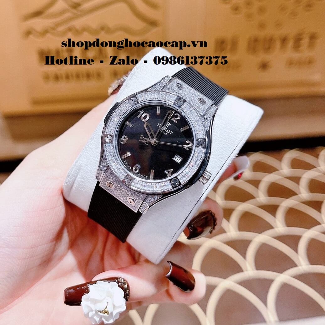 Đồng Hồ Hublot Nữ Cao Cấp Dây Silicon Đen Đính Đá Rose 34mm