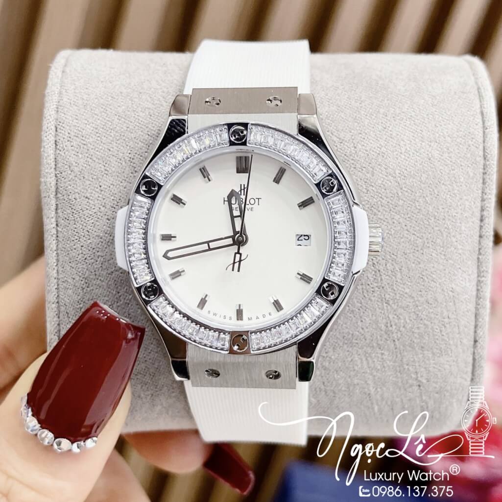 Đồng Hồ Hublot Classic Fusion Nữ Dây Silicon Trắng Đính Đá Ống Size 34mm